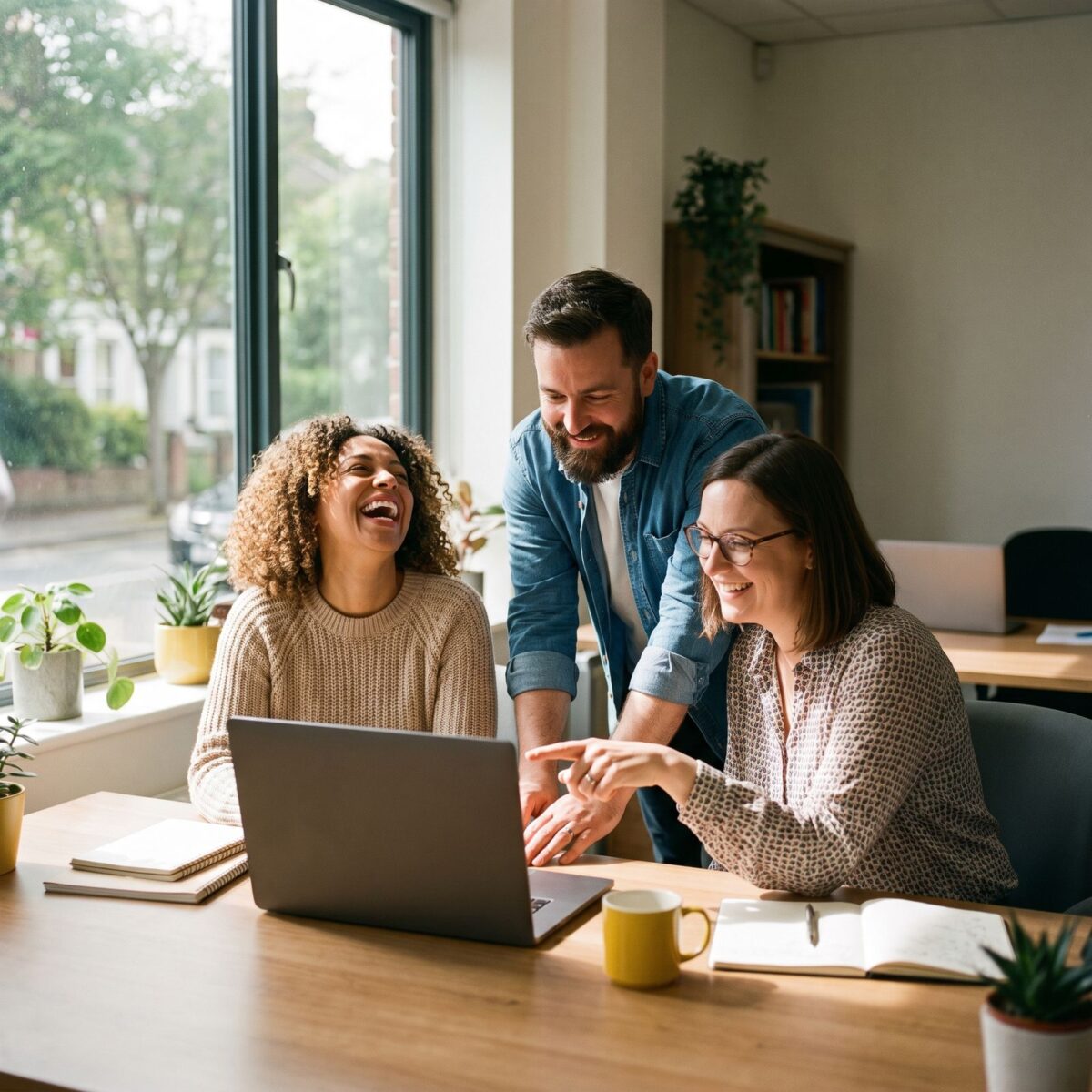 Educators working together around a laptop