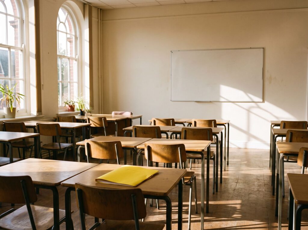 A bright, empty classroom