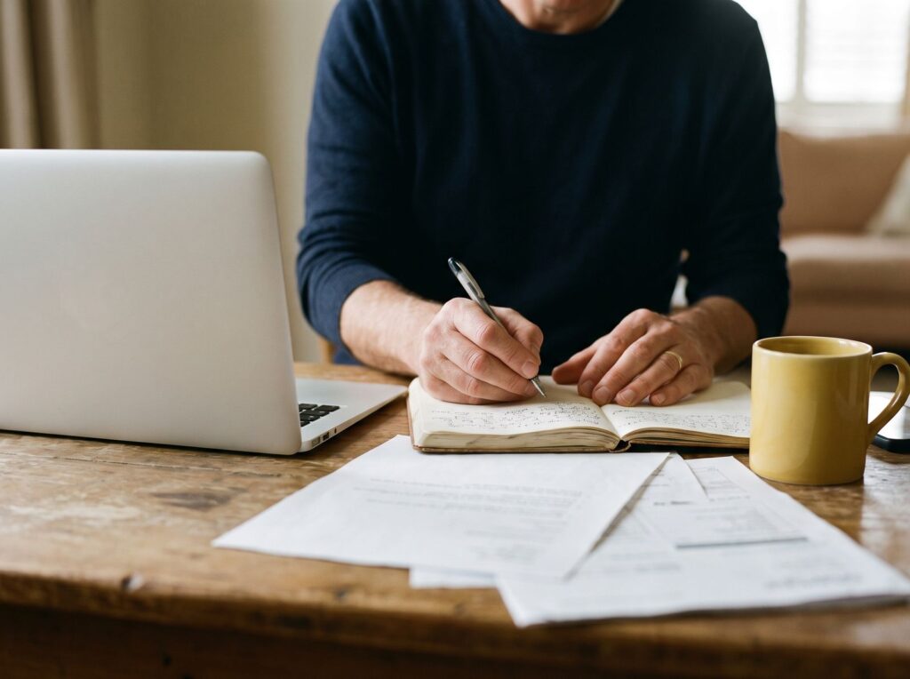 Hands writing in a notebook beside a laptop