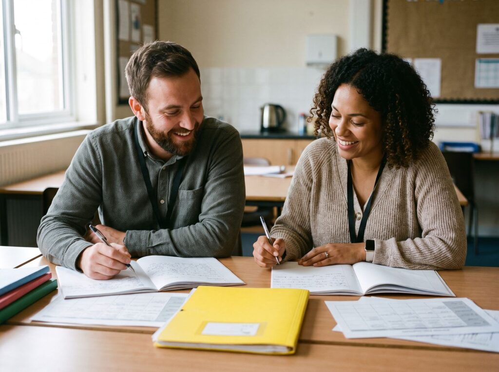 Two professionals reviewing work together