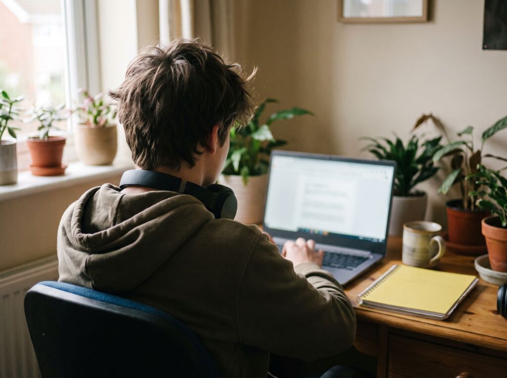 A learner studying at their own pace at home