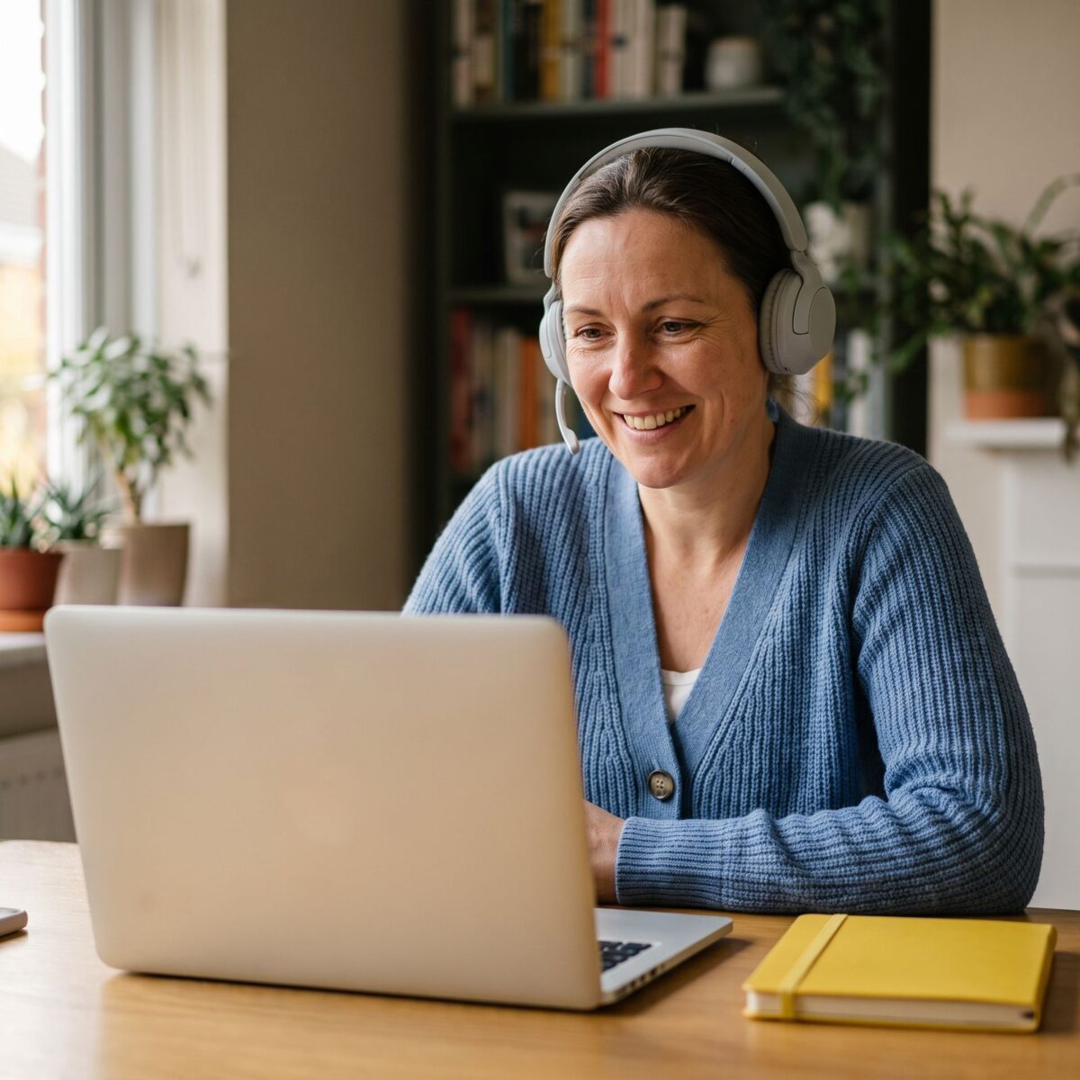 A consultant smiling on a video call
