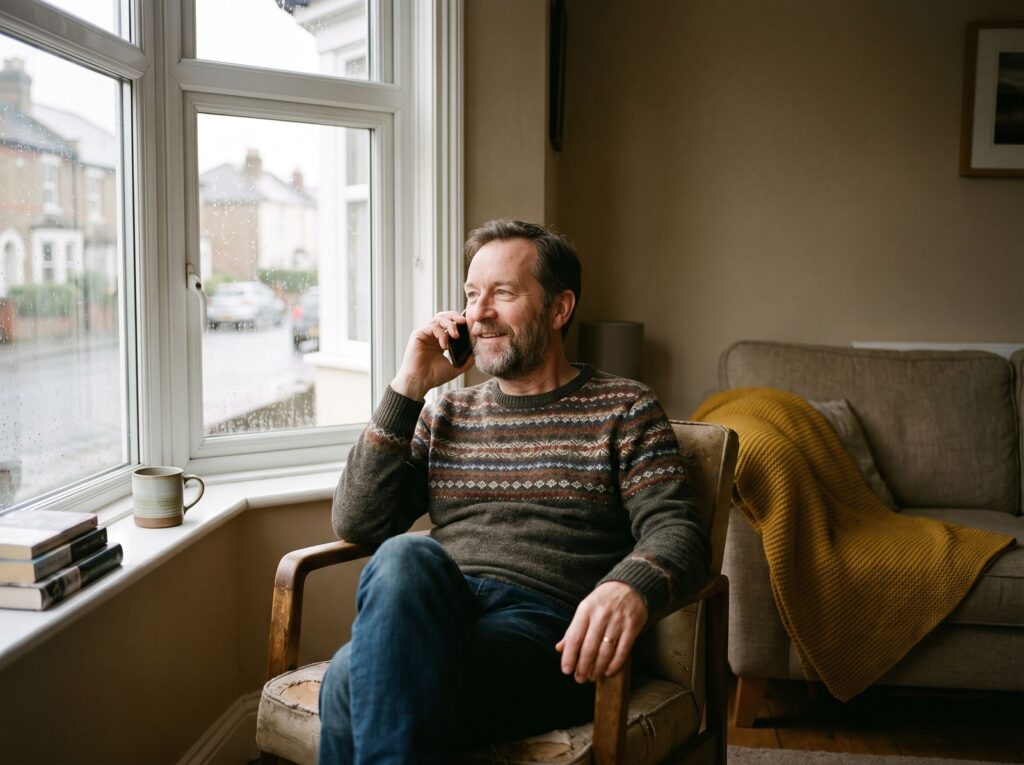 A parent on a phone call at home