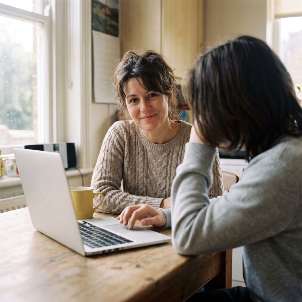 A parent and young person looking at a laptop together