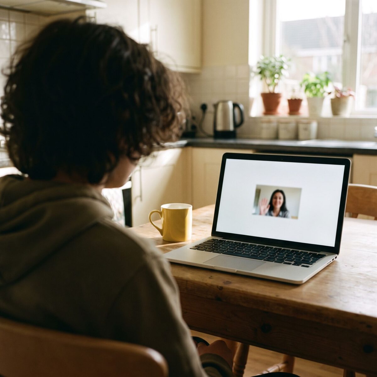 A young person learning online at home