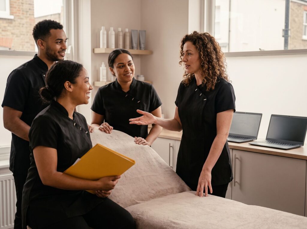 Learners and a tutor on a beauty and wellbeing course