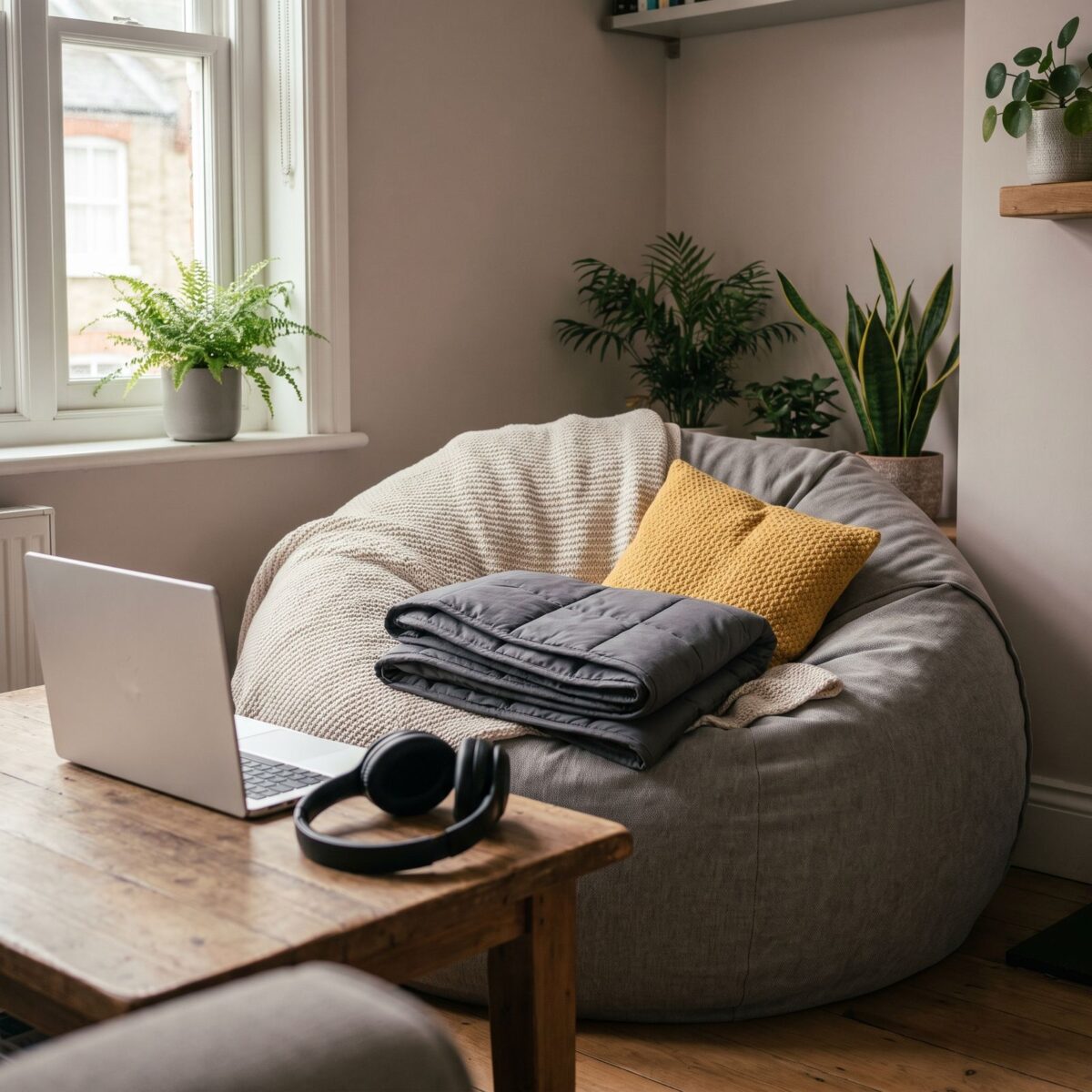 A calm learning corner at home with a beanbag and headphones