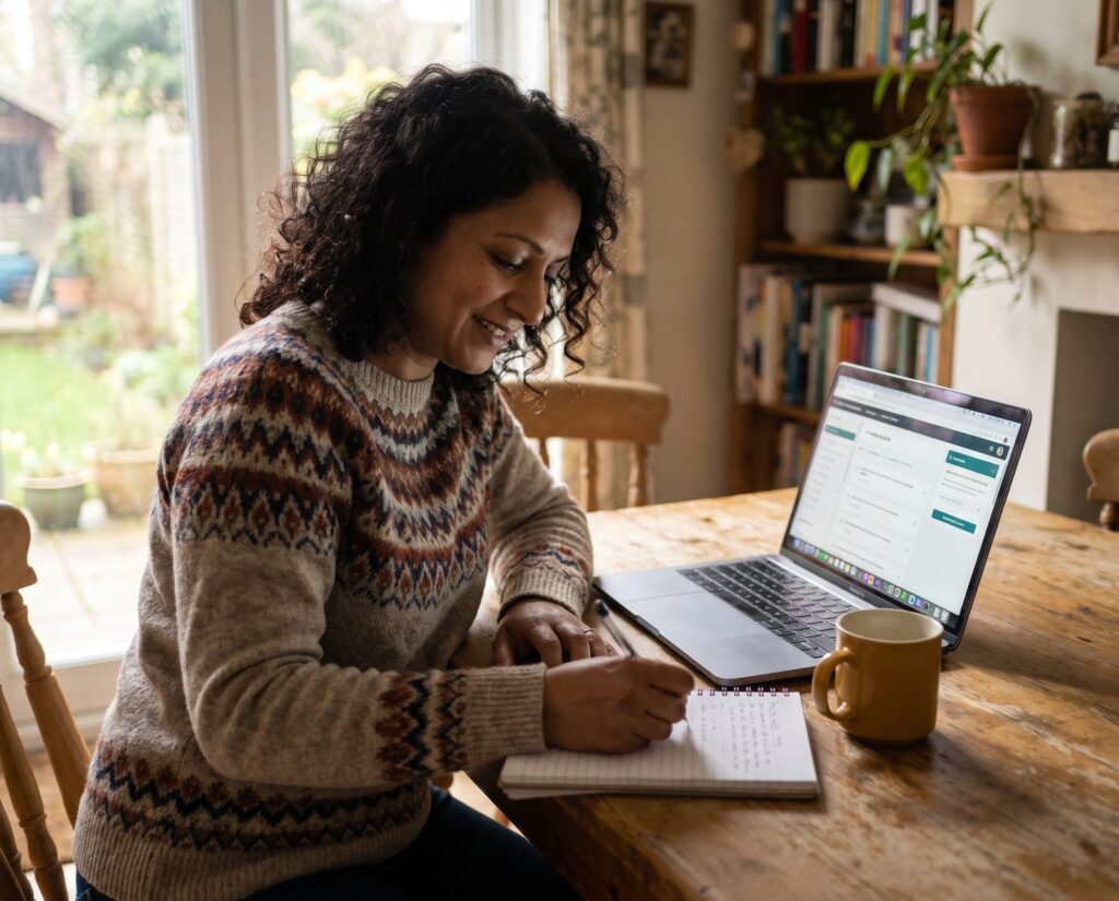 An adult learner taking notes during an online course at her kitchen table