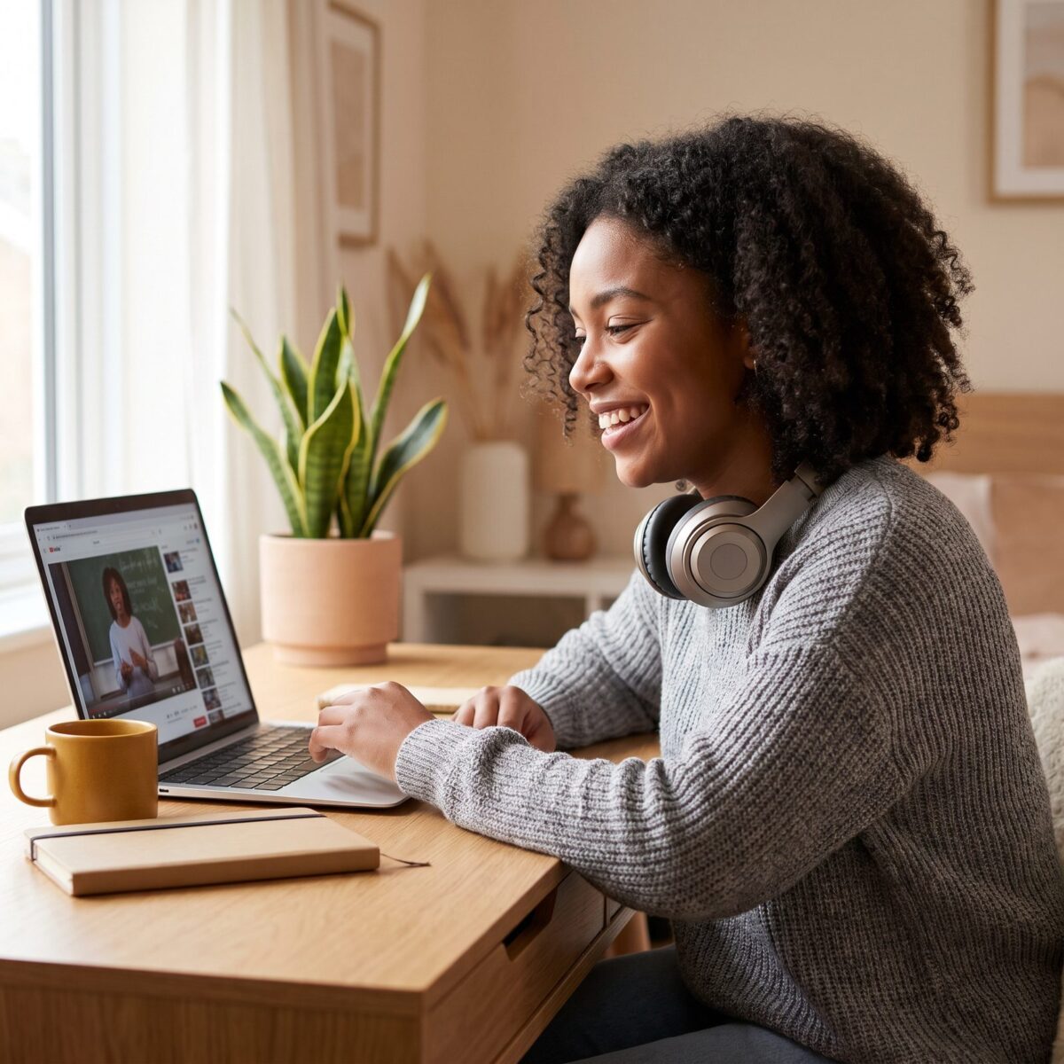 A young woman smiling as she follows an online lesson on her laptop